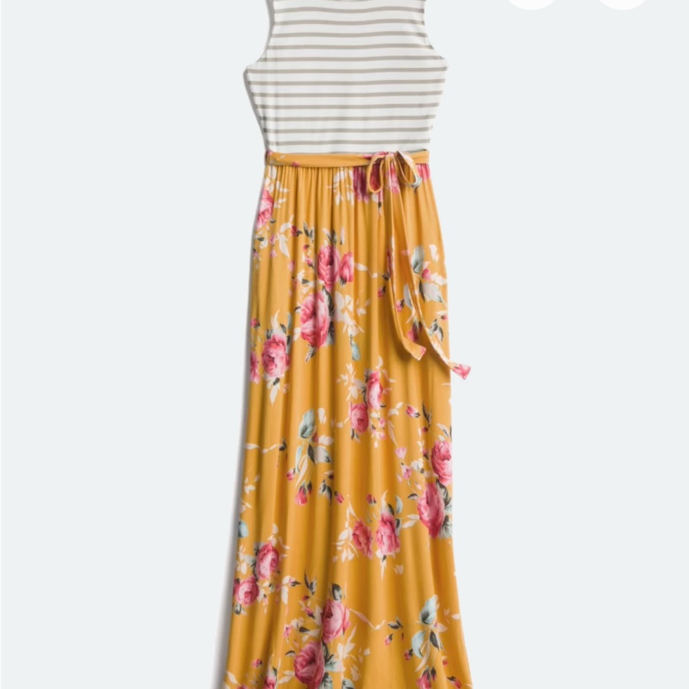 Striped Floral Maxi Dress in Yellow and Pink